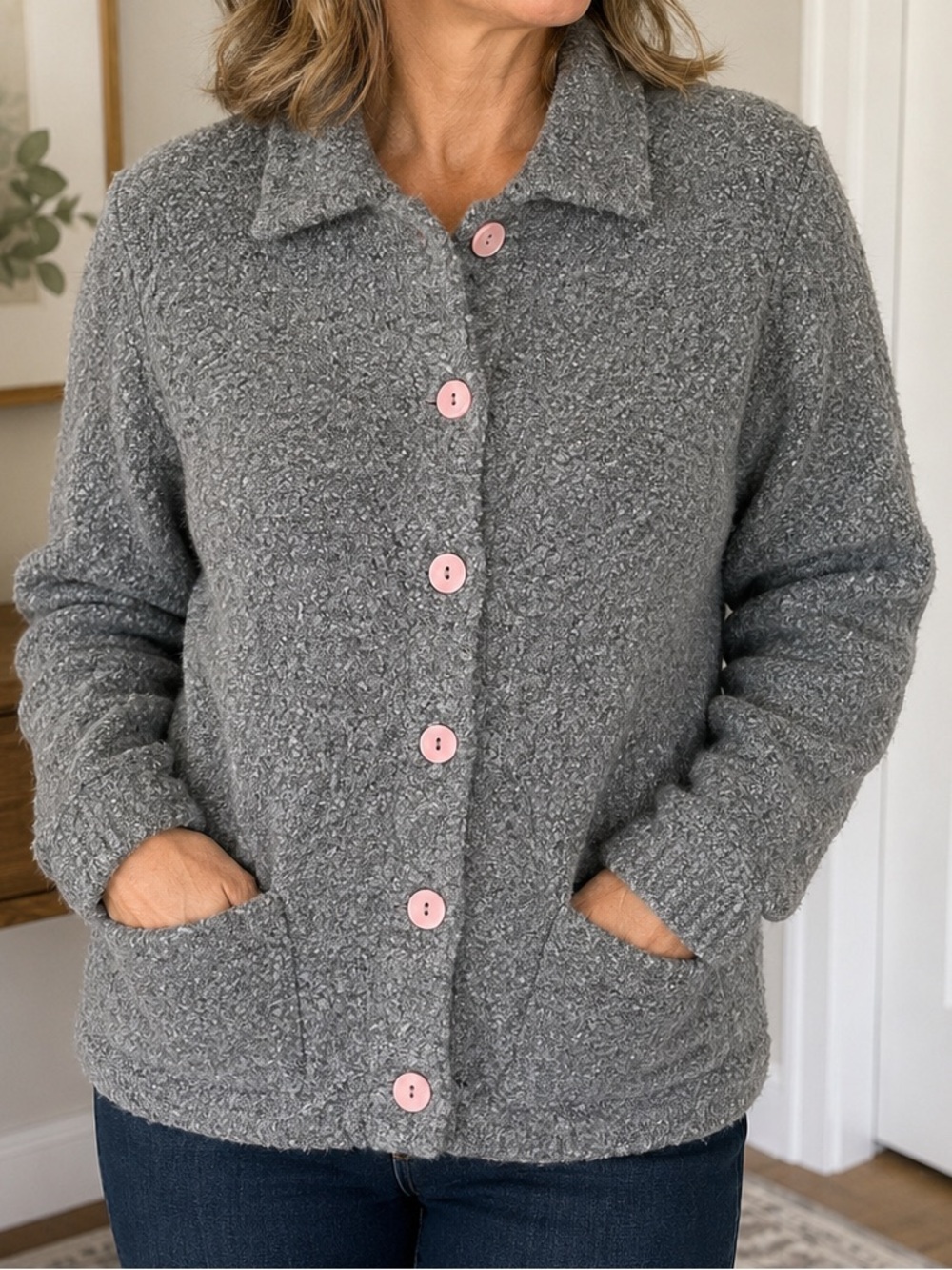 VTG Knitworks By Marissa Christina Gray Boucle Knit Cardigan Sweater Size M